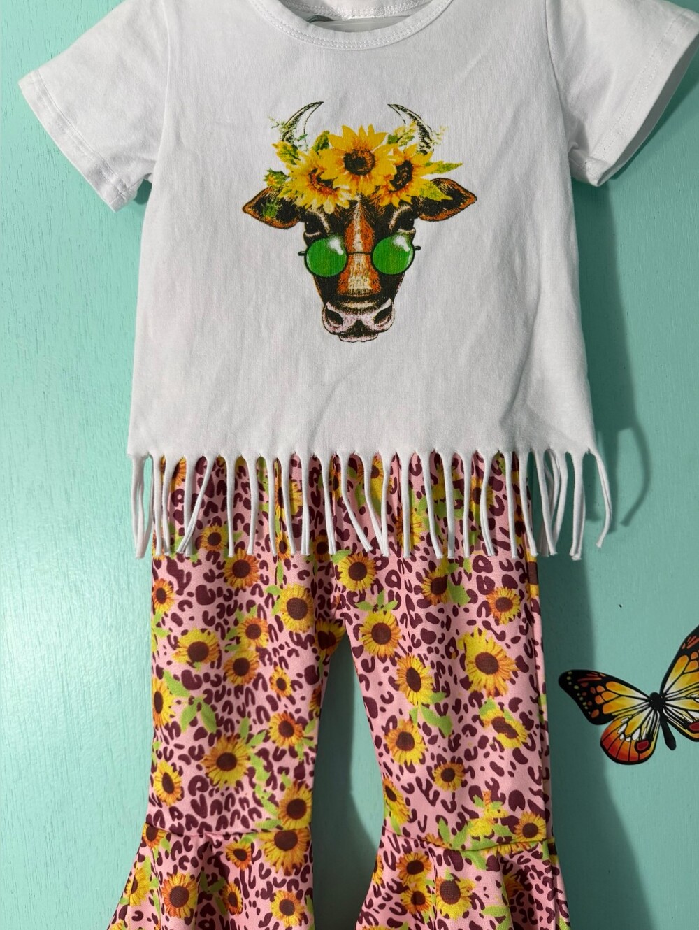 White Fringe Sunflower Cow Tee with Pink Sunflower Flared Pants